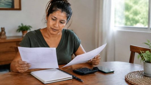 Mulher analisa dois documentos à mesa de casa, com calculadora, caderno e celular ao lado.