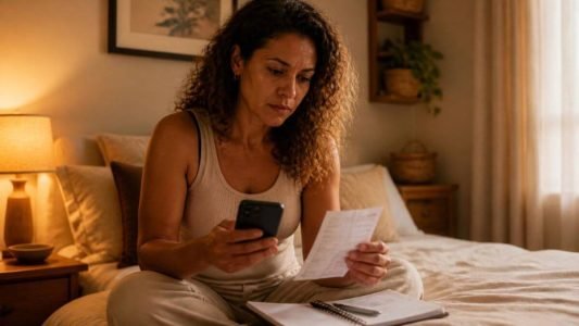 Mulher sentada na cama confere uma conta em papel enquanto olha o celular, com um caderno aberto à sua frente.