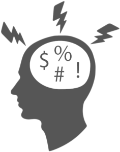 **Alt da imagem:** Ilustração de uma cabeça humana em silhueta com símbolos financeiros como cifrão, porcentagem e hashtag dentro, e raios ao redor, representando estresse ou ansiedade financeira.